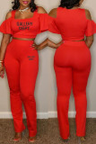 Red Casual Letter Print Hollowed Out U Neck Short Sleeve Two Pieces
