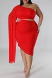 Red Sexy Solid Patchwork Backless Oblique Collar Plus Size Two Pieces