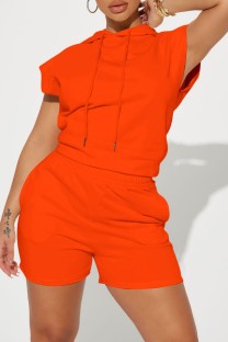 Orange Casual Solid Basic Hooded Collar Sleeveless Two Pieces
