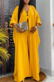 Yellow Casual Solid Patchwork V Neck Three Quarter Two Pieces
