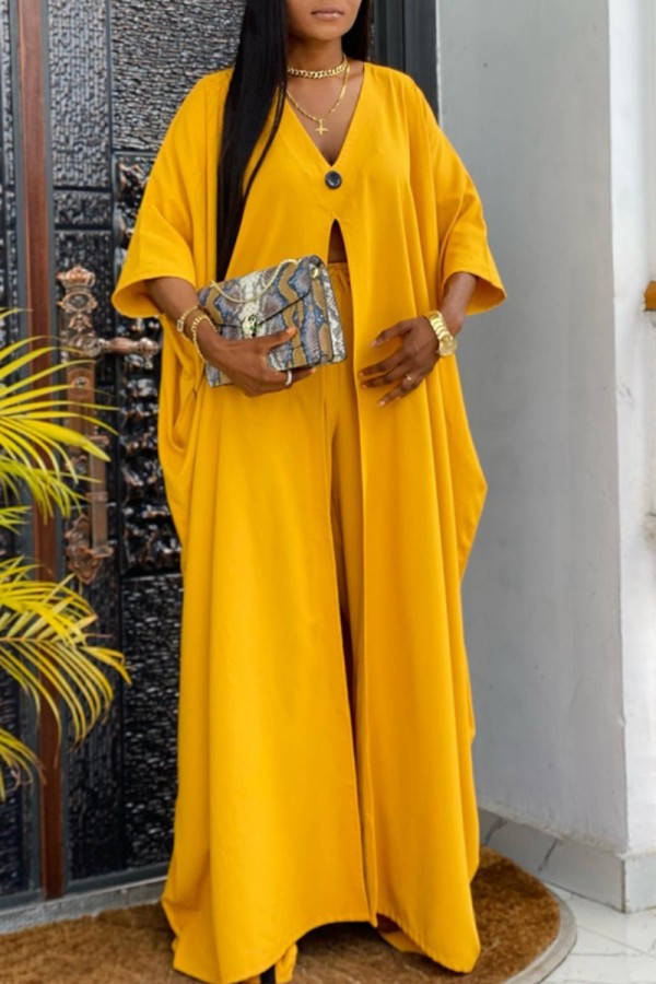 Yellow Casual Solid Patchwork V Neck Three Quarter Two Pieces
