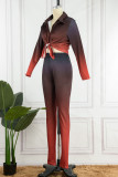 Red Casual Gradual Change Print Patchwork Buckle Turndown Collar Long Sleeve Two Pieces
