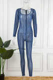 Blue Sexy Striped Print Patchwork U Neck Skinny Jumpsuits