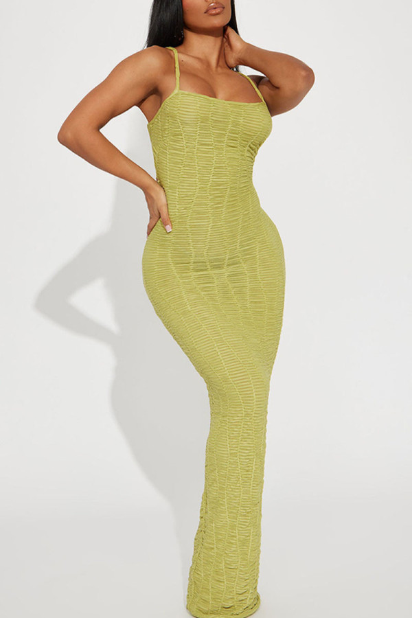 Green Yellow Sexy Solid Patchwork Spaghetti Strap One Step Skirt Dresses