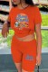 Orange Casual Character Print Letter O Neck Short Sleeve Two Pieces