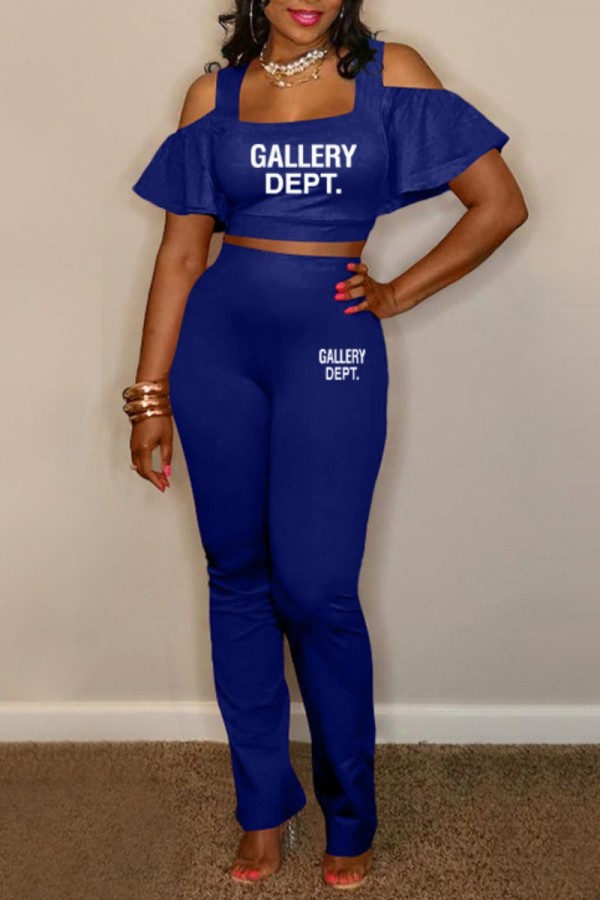 Blue Casual Letter Print Hollowed Out U Neck Short Sleeve Two Pieces