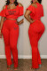 Red Casual Letter Print Hollowed Out U Neck Short Sleeve Two Pieces
