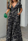 Black Casual Print Patchwork V Neck Regular Jumpsuits