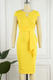 Yellow Casual Solid Patchwork Flounce Slit O Neck Dresses