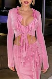 Pink Sexy Solid Patchwork V Neck Long Sleeve Two Pieces