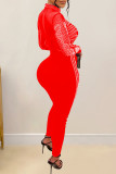 Red Sexy Patchwork Hot Drilling See-through Half A Turtleneck Skinny Jumpsuits