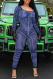 Blue Sexy Striped Print Patchwork U Neck Skinny Jumpsuits