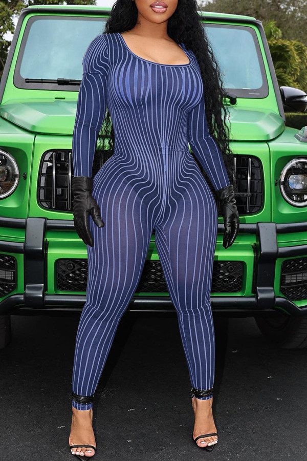 Blue Sexy Striped Print Patchwork U Neck Skinny Jumpsuits
