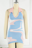 Blue Sexy Print Patchwork Halter Pencil Skirt Dresses