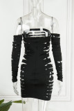 Black Sexy Solid Hollowed Out Off the Shoulder Long Sleeve Dresses