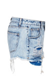 Blue Denim Zipper Fly High Hole washing Straight shorts Bottoms