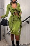 Pink Sexy Solid Patchwork V Neck Long Sleeve Two Pieces