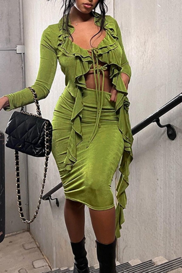 Green Sexy Solid Patchwork V Neck Long Sleeve Two Pieces