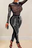 Red Sexy Patchwork Hot Drilling See-through Half A Turtleneck Skinny Jumpsuits