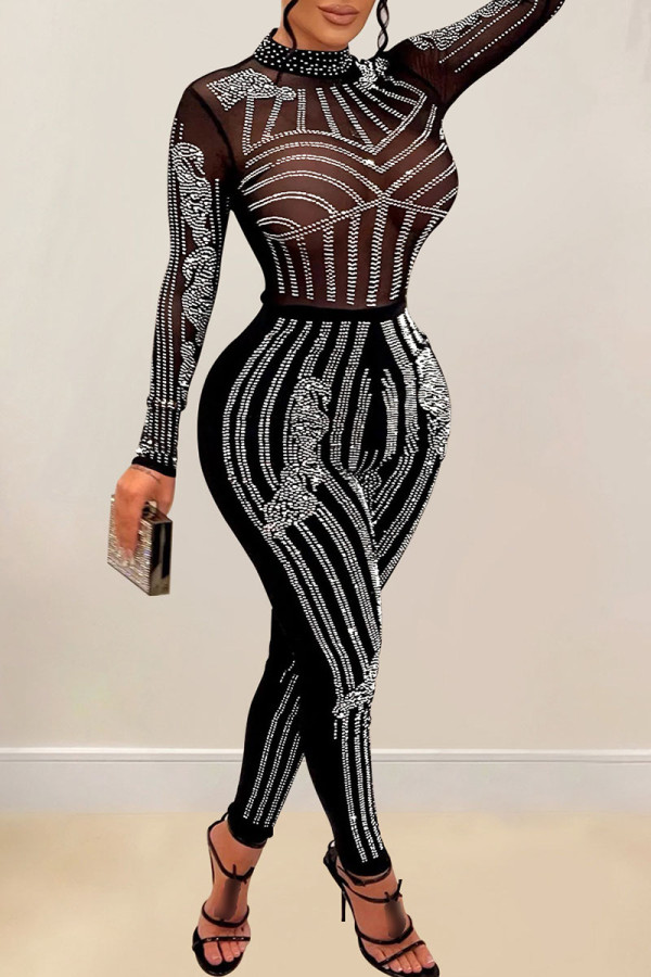Black Sexy Patchwork Hot Drilling See-through Half A Turtleneck Skinny Jumpsuits