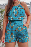 Blue Red Casual Print With Belt O Neck Sleeveless Two Pieces