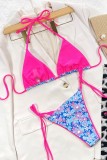 Rose Red Blue Sexy Print Bandage Backless Swimwears (With Paddings)