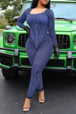 Blue Sexy Striped Print Patchwork U Neck Skinny Jumpsuits