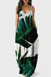 Cyan Green Sexy Casual Print Backless Spaghetti Strap Long Dress Dresses