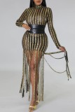 Blue Sexy Patchwork Tassel Sequins See-through Half A Turtleneck Long Sleeve Dresses