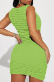 Fluorescent Green Sexy Solid Hollowed Out V Neck Sleeveless Dress Dresses