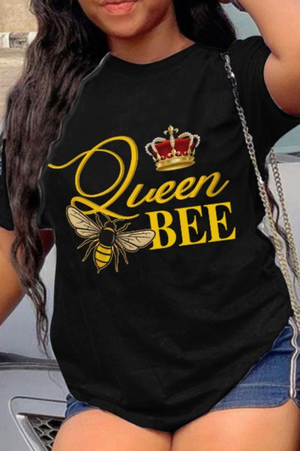 Black Casual Print Basic O Neck T-Shirts