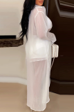 White Sexy Solid Mesh Turndown Collar Long Sleeve Three Pieces