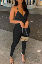 Black Sexy Solid Backless Spaghetti Strap Skinny Jumpsuits