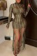 Gold Sexy Patchwork Tassel Sequins See-through Half A Turtleneck Long Sleeve Dresses
