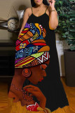 Red Yellow Casual Street Print Patchwork Spaghetti Strap Sling Dress Dresses