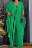 Green Casual Solid Patchwork V Neck Three Quarter Two Pieces