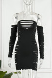 Black Sexy Solid Hollowed Out Off the Shoulder Long Sleeve Dresses