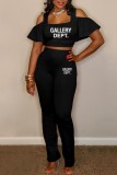 Red Casual Letter Print Hollowed Out U Neck Short Sleeve Two Pieces