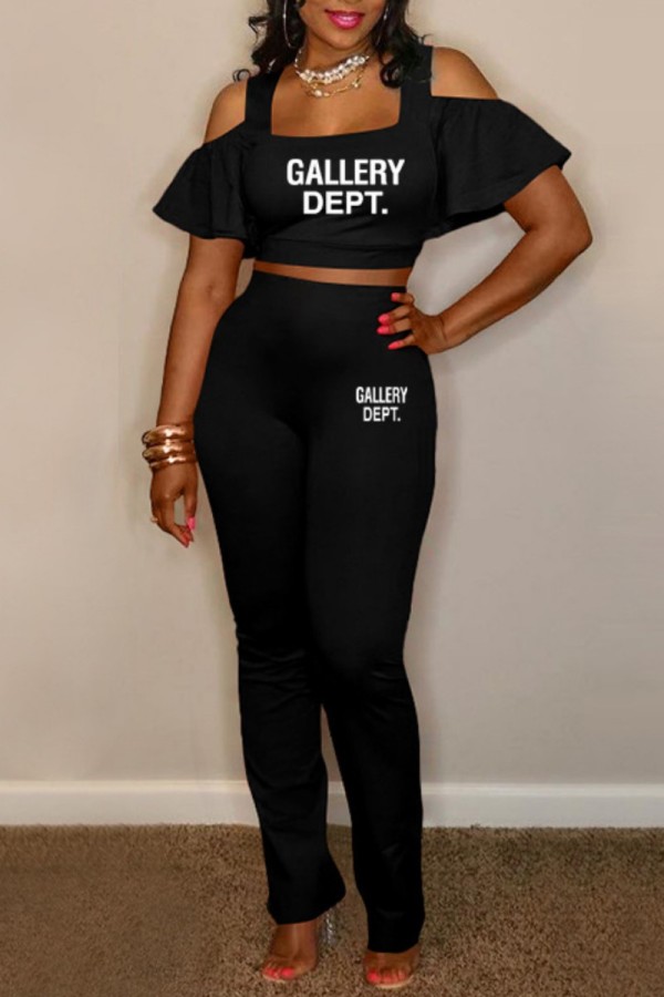 Black Casual Letter Print Hollowed Out U Neck Short Sleeve Two Pieces