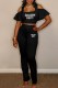 Black Casual Letter Print Hollowed Out U Neck Short Sleeve Two Pieces