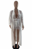 White Sexy Solid Mesh Turndown Collar Long Sleeve Three Pieces