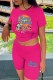 Rose Red Casual Character Print Letter O Neck Short Sleeve Two Pieces