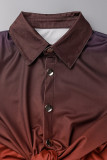 Red Casual Gradual Change Print Patchwork Buckle Turndown Collar Long Sleeve Two Pieces