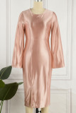 Pink Elegant Solid Patchwork Slit O Neck One Step Skirt Dresses