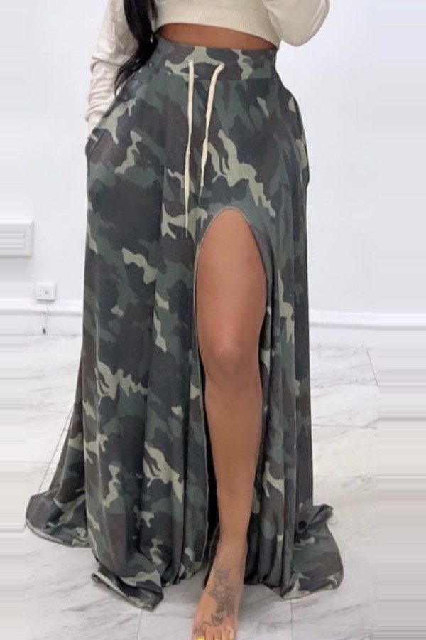 Camouflage Casual Camouflage Print Slit Regular High Waist Conventional Skirt