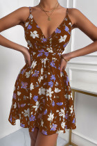 Coffee Sexy Casual Print Backless V Neck Sling Dress Dresses