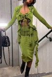Pink Sexy Solid Patchwork V Neck Long Sleeve Two Pieces