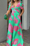 Blue Casual Print Patchwork V Neck Regular Jumpsuits