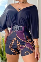 Black Casual Print With Belt V Neck Long Sleeve Two Pieces