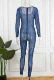 Blue Sexy Striped Print Patchwork U Neck Skinny Jumpsuits
